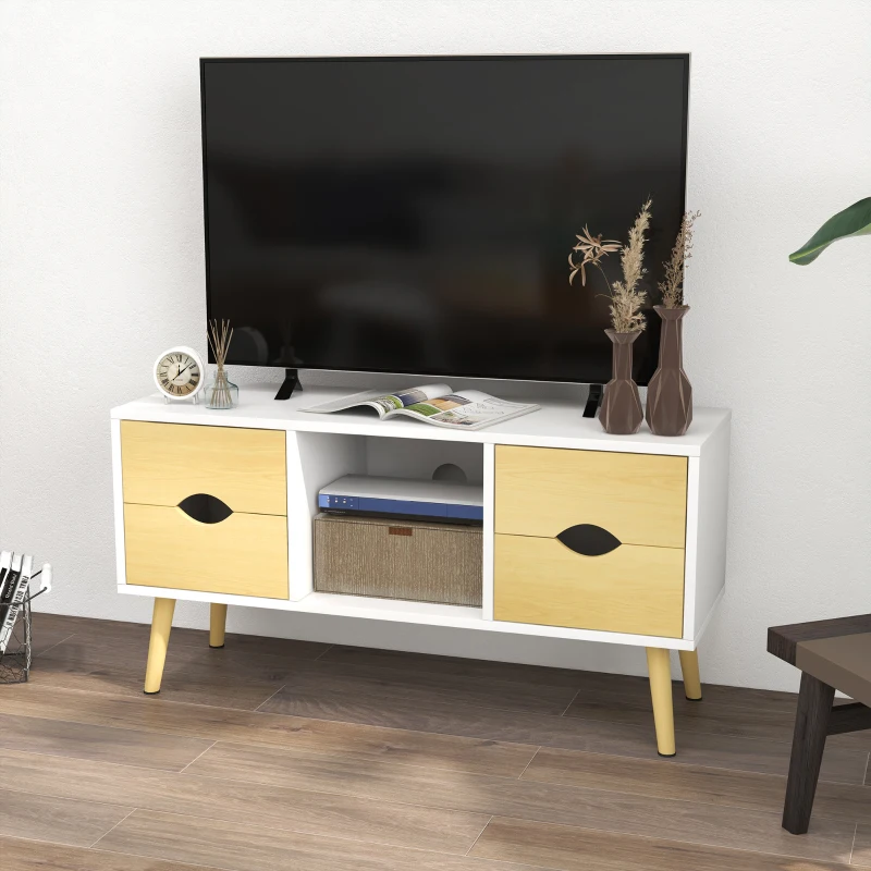 HOMCOM Meuble TV jusqu'à 40 pouces pieds en bois massif 4 tiroirs 1 niche centrale 90 x 30 x 46 cm naturel blanc