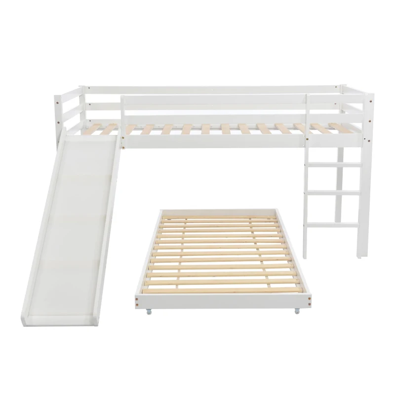 Children's Cabin Bunk Bed with Slide and Ladder, Space-Saving Customisable Layout, Adjustable Tier for Living Room, 207L x 215W x 110H cm, White