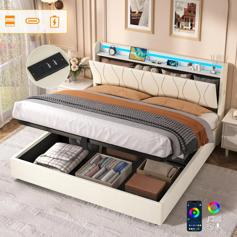 5ft King Upholstered Bed Frame with Hydraulic Storage and Charging Station, RGB LED Bed Base for Living Room, 220L x 155W x 105H cm, Beige