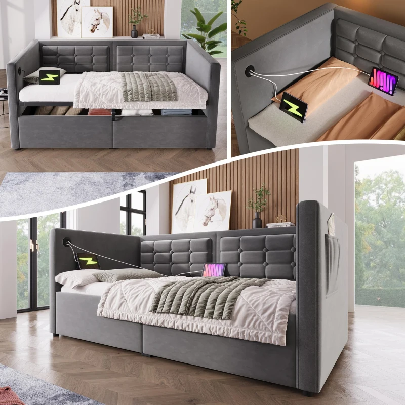 3ft Single Sofa Bed with Hydraulic Under-bed Storage and Side Pockets, Daybed with USB & Type-C Charging Station, 205L x 106W x 75H cm, Grey