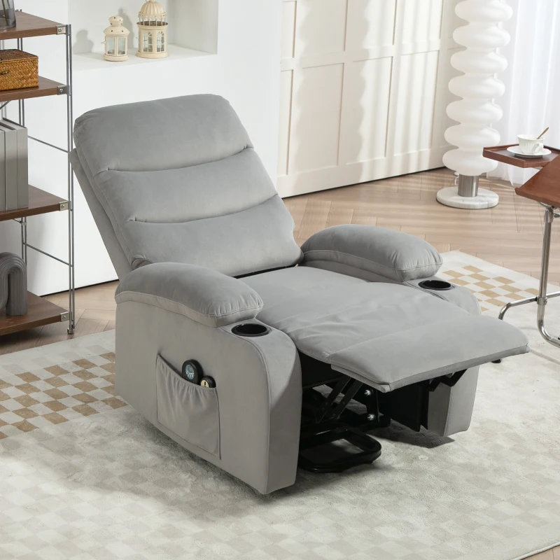 HOMCOM Fauteuil releveur inclinable massant et chauffant, tissu aspect velours avec porte-gobelets, pochette latérale, gris