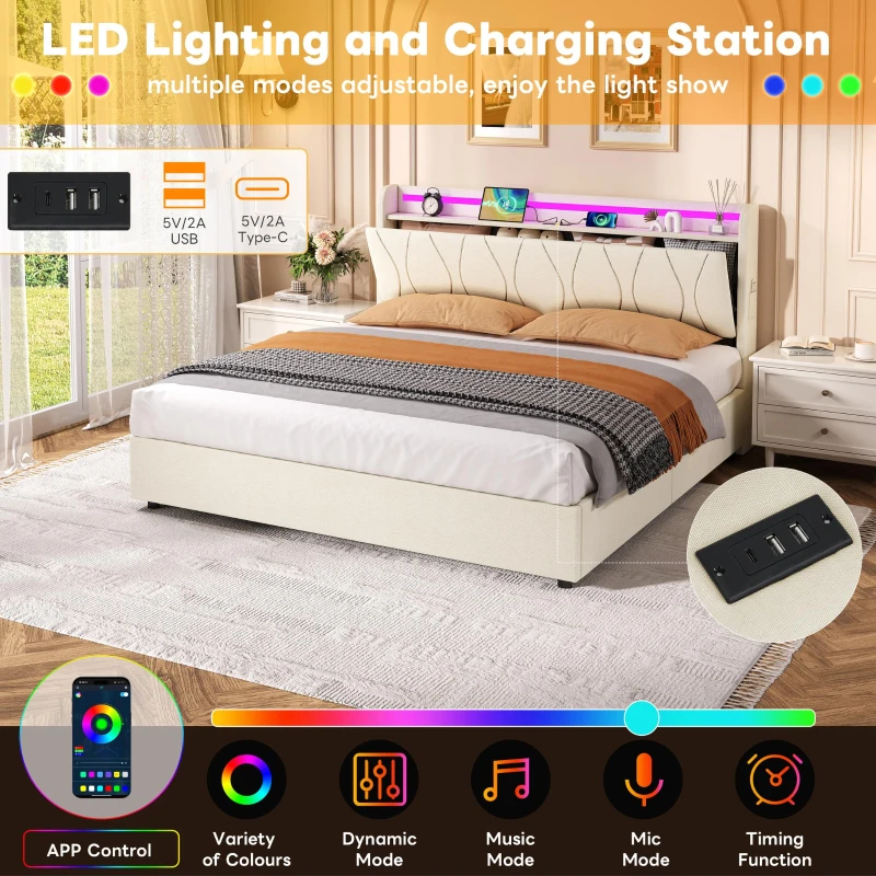 5ft King Upholstered Bed Frame with Hydraulic Storage and Charging Station, RGB LED Bed Base for Living Room, 220L x 155W x 105H cm, Beige
