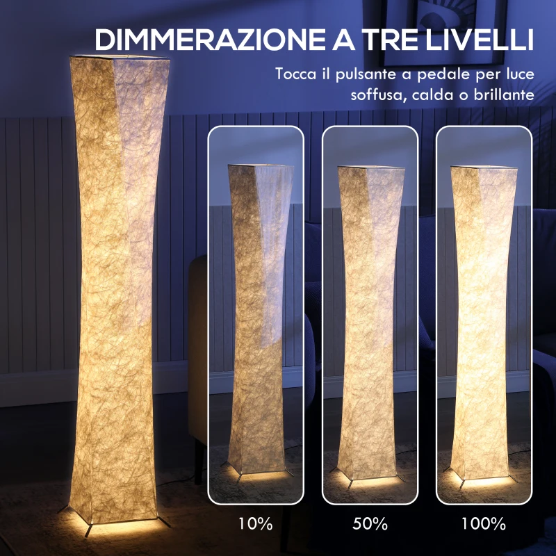 HOMCOM Lampada da Terra Moderna con Interruttore a Pedale, in Acciaio e Tessuto, 25x25x129 cm, Bianco e Argento