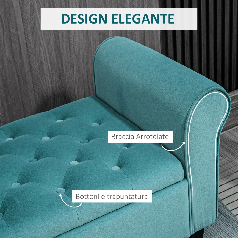 HOMCOM Panca Fondo Letto in Tessuto Vellutato con Vano Contenitore e Braccioli, 126x48.5x57 cm, Verde