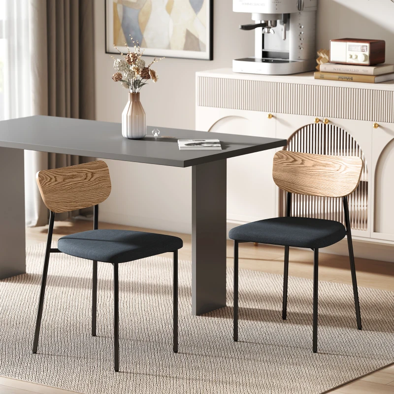 HOMCOM Lot de 2 chaises de salle à manger avec pieds en acier, dossier incurvé et assise rembourrée, gris et effet bois naturel