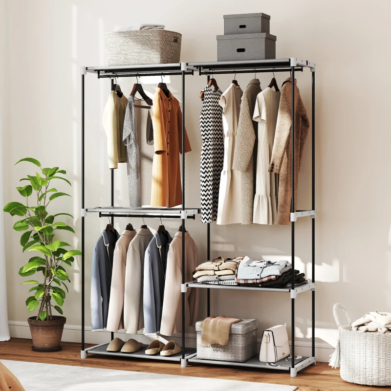 HOMCOM Armário de Roupa Aberto 142x43x185 cm Armário para Roupas com 4 Prateleiras de Tecido 3 Barras para Pendurar Cinzento