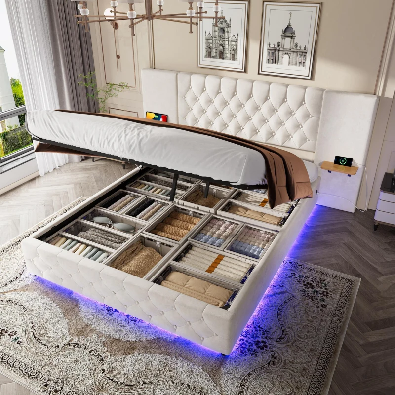 Modern Bed Frame with Wide Button-Tufted Headboard, Integrated LED Lighting, Bed Base with USB-C Ports, 209L x 221W x 103H cm, Beige