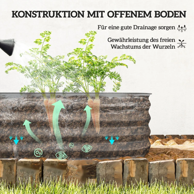 Outsunny Houten plantenbak, modulair verhoogd bed, beschermde randen, bodemloos ontwerp, 195 x 62 x 30 cm, zilver