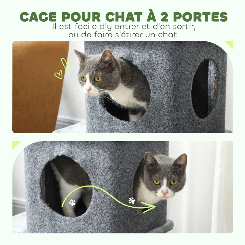 PawHut Arbre à chat à 3 niveaux tour pour chat 2 niches et surface de repos confortable, balle 43 x 33 x 80 cm gris foncé