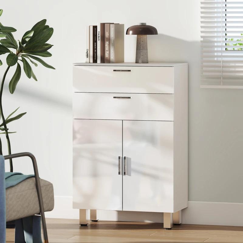 kleankin Meuble de salle de bain avec 2 tiroirs placard à double porte et étagères réglables 60 x 30 x 93 cm blanc brillant