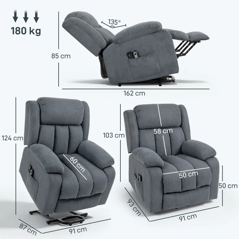 HOMCOM Power Lift Recliner Chair with Massage, Overstuffed Lift Chair for Elderly with Footrest, Remote and Side Pocket, Grey
