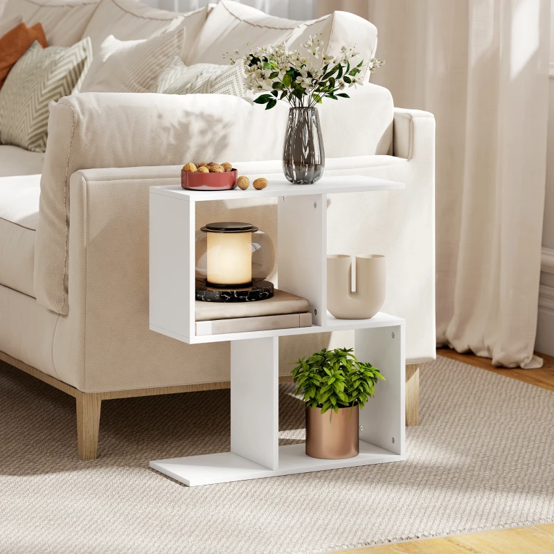 HOMCOM Side Table, Narrow End Table with Storage Shelves, S-Shaped, 3-Tier, 50W x 19.5D x 58H cm, White
