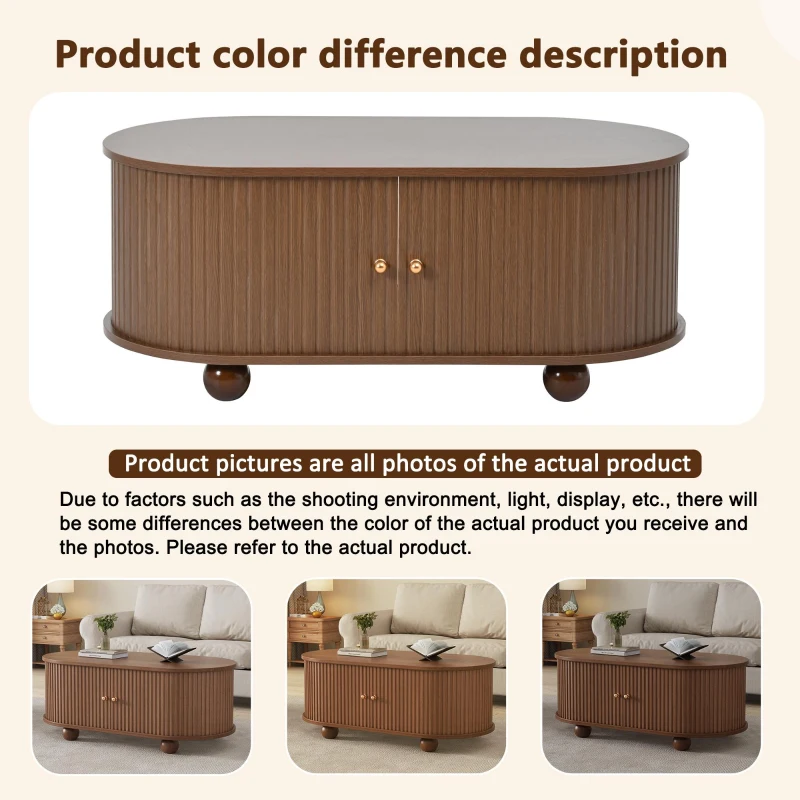 Oval Coffee Table with 2 Sliding Doors, Hidden Centre Compartment, Rounded Corners, Desk with Fingerprint‑resistant MDF, 100L x 50W x 40H cm, Oak