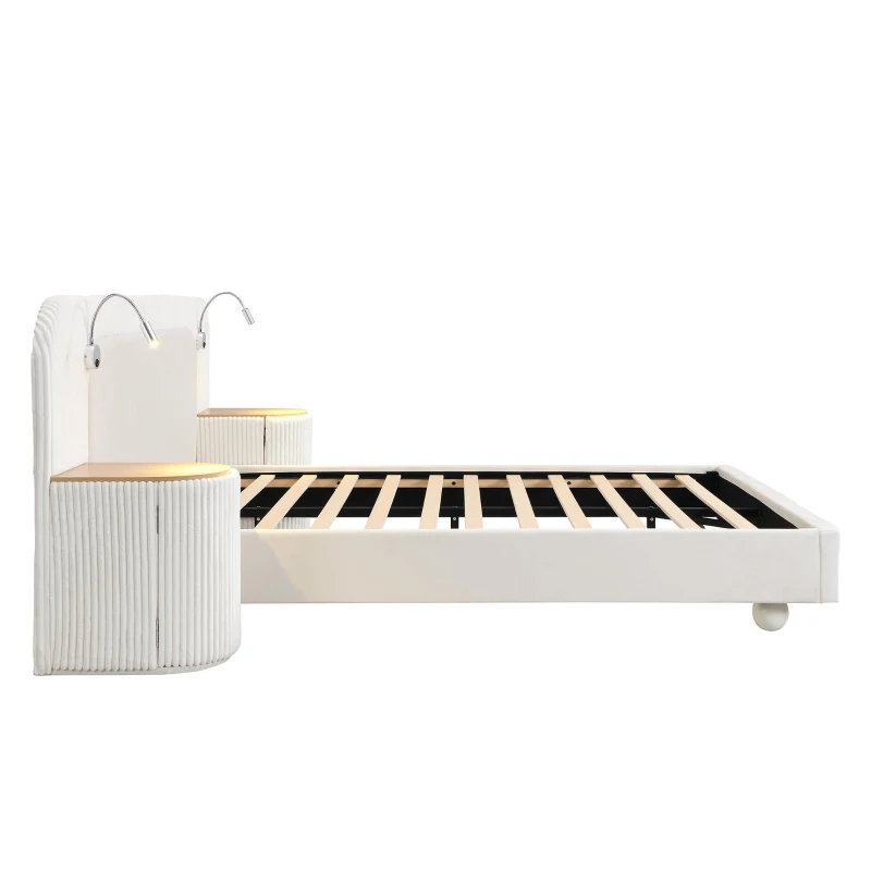 Upholstered 4ft6 Double Bed with Built‑in Bedside Reading Light, Matching Bedside Table, Sleeper for Living Room, 205L x 91W x 200.5H cm, Beige