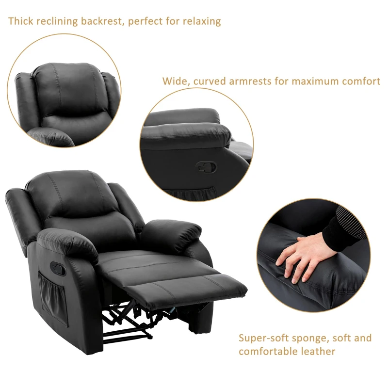 Adjustable Pull‑tab Recliner with Side Storage Pocket, Padded Cushions, High‑back Armchair for the Elderly, 82L x 86W x 99H cm, Black