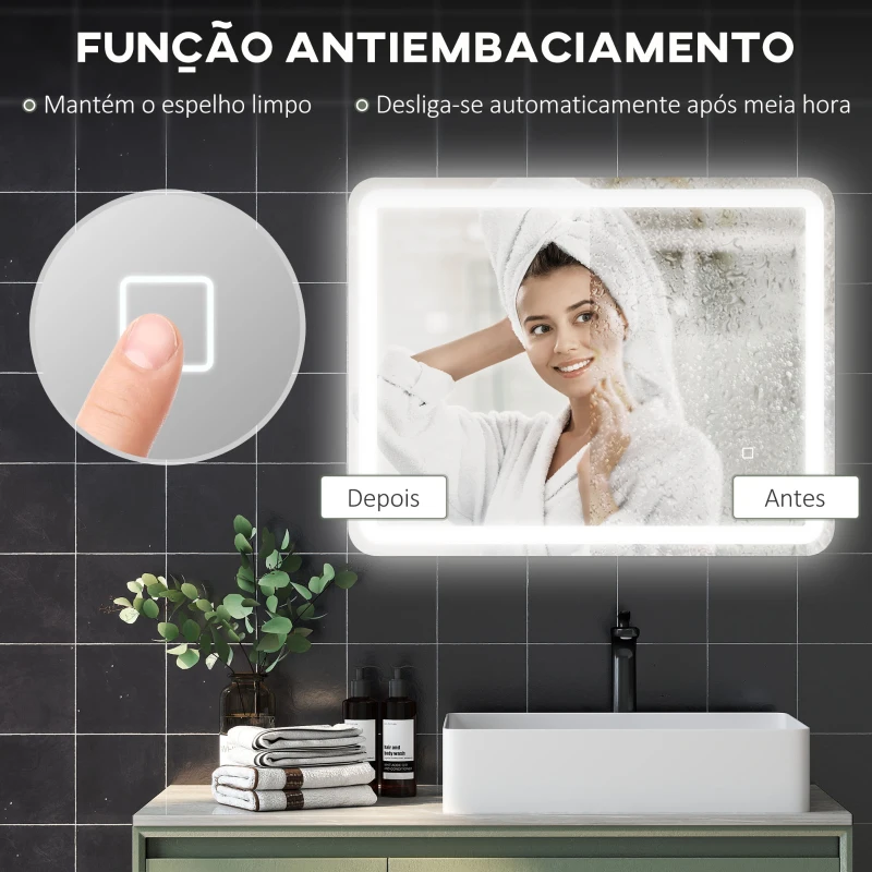 HOMCOM Espelho Casa de Banho com Luzes LED 70x90 cm Função Antiembaciamento 3 Temperaturas de Cor Ajustável e Função de Memória Prata