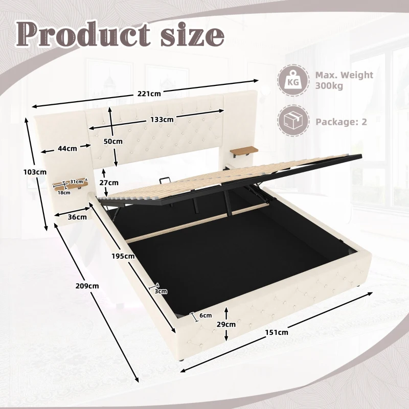 Modern Bed Frame with Wide Button-Tufted Headboard, Integrated LED Lighting, Bed Base with USB-C Ports, 209L x 221W x 103H cm, Beige