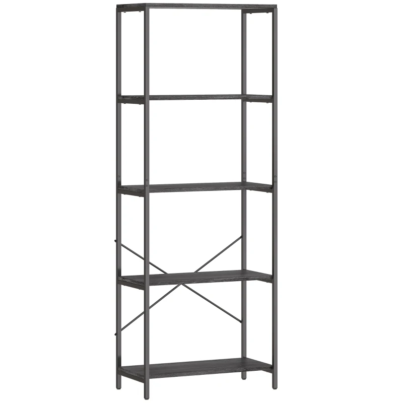 HOMCOM 5-Tier Bookshelf, Industrial Bookcase with Metal Frame - Dark Grey and Black