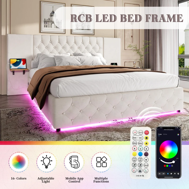 Modern Bed Frame with Wide Button-Tufted Headboard, Integrated LED Lighting, Bed Base with USB-C Ports, 209L x 221W x 103H cm, Beige