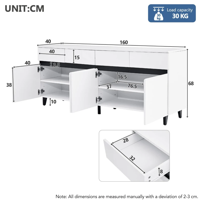 Storage Cabinet with High-goss 4-Door, 4-Drawer and Soft-close Hinges, Sideboard with Adjustable Shelves, 160L x 40W x 68H cm, White