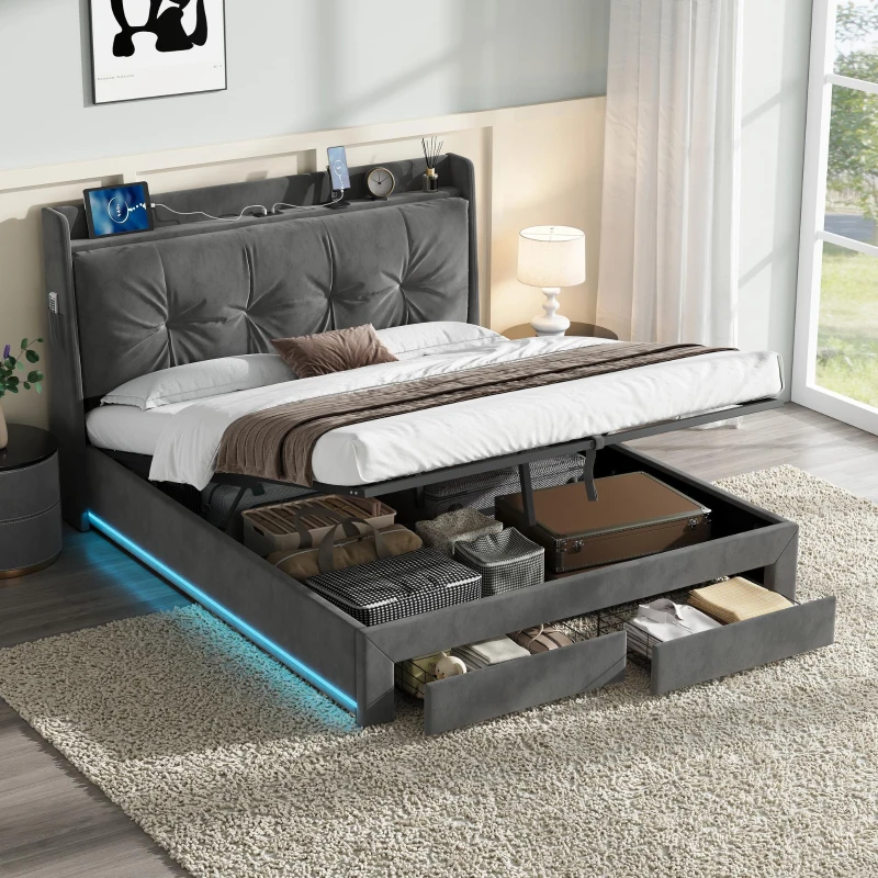 Double Ottoman Upholstered Bed Frame with Hydraulic Storage, 2 Drawers, Side Pockets, Headboard for Living Room, 203L x 138W x 111H cm, Grey
