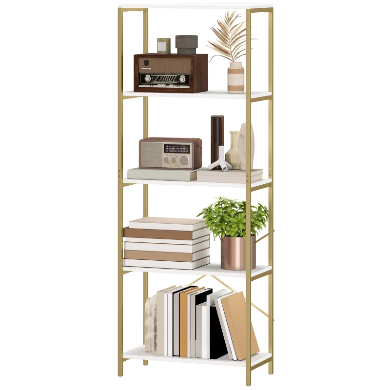 HOMCOM 5-Tier Bookshelf, Modern Bookcase with Metal Frame - White and Gold Tone