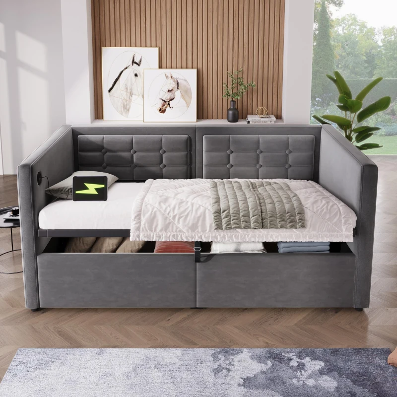 3ft Single Sofa Bed with Hydraulic Under-bed Storage and Side Pockets, Daybed with USB & Type-C Charging Station, 205L x 106W x 75H cm, Grey