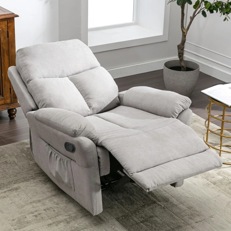 Adjustable Pull‑tab Recliner with Side Storage Pocket, Metal Frame, Padded Cushions, High‑back Armchair for the Elderly, 82L x 86W x 99H cm, Gray