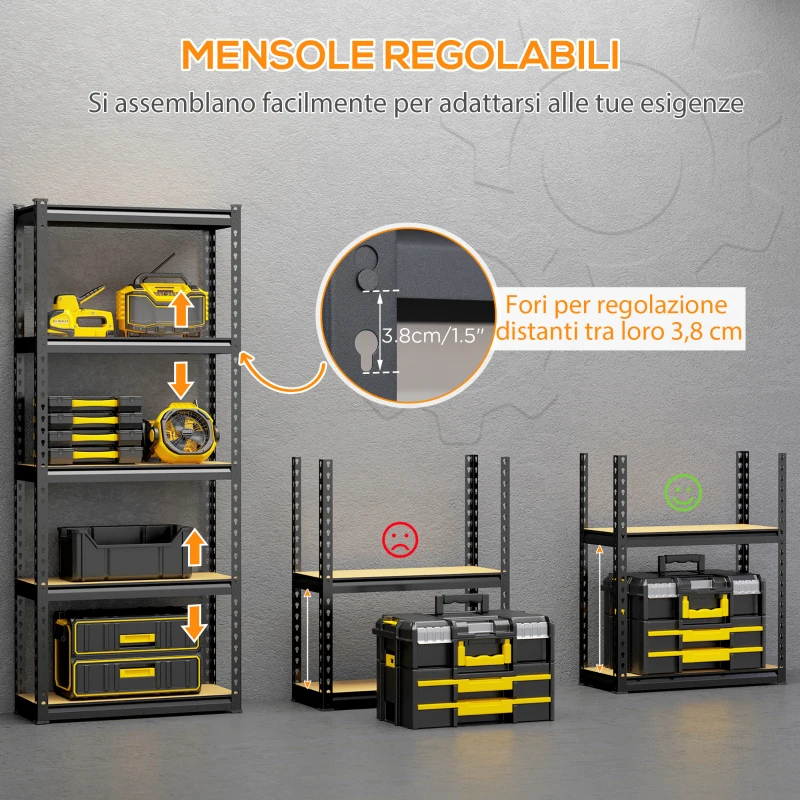 HOMCOM Scaffalatura Industriale a 5 Livelli in MDF e Acciaio con Ripiani Aperti e Regolabili, 70x30x167.5 cm