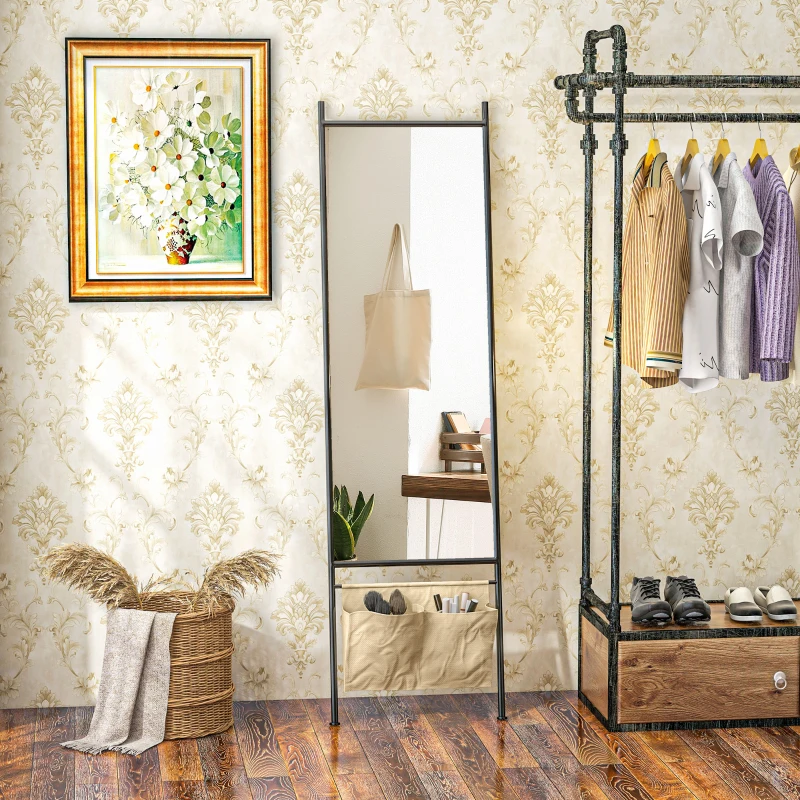 HOMCOM Miroir rectangulaire pleine longueur avec pochette de rangement, à poser ou à fixer au mur, 56L x 190H cm - noir