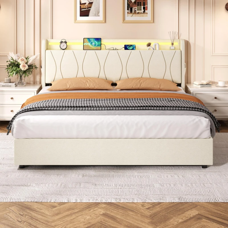 5ft King Upholstered Bed Frame with Hydraulic Storage and Charging Station, RGB LED Bed Base for Living Room, 220L x 155W x 105H cm, Beige