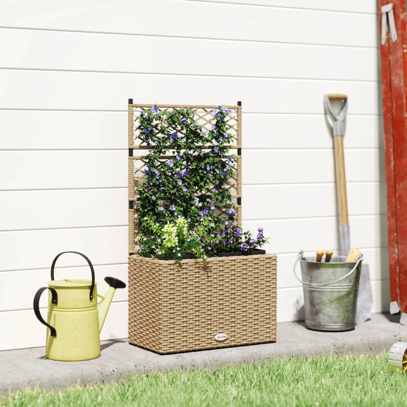 Outsunny Jardinière pour plantes avec treillis 3 bacs à plante 22L en résine tressée et acier 57 x 30 x 107 cm sable