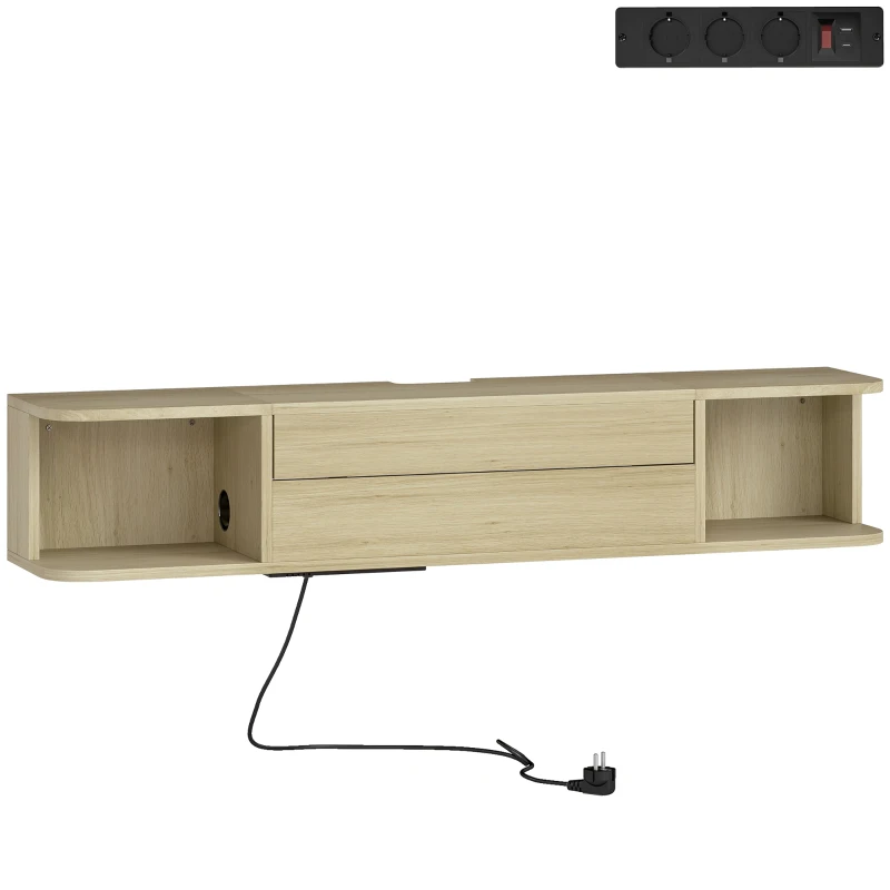 HOMCOM Meuble TV suspendu meuble télé pour téléviseur 50 pouces tiroir étagères passe-câbles 120x24x22,4cm effet bois naturel