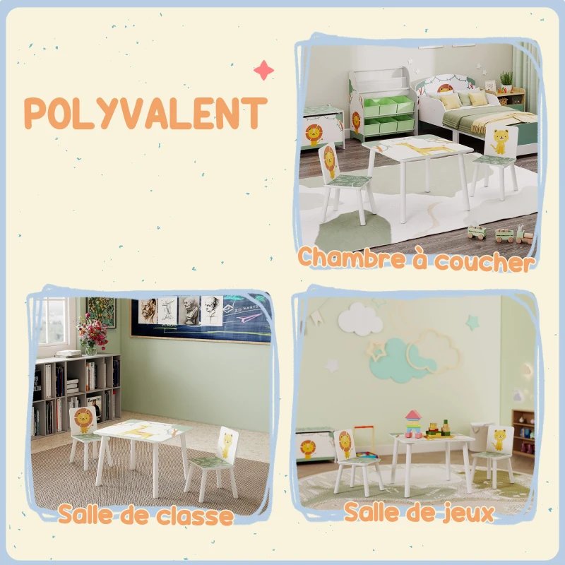 AIYAPLAY Table enfant avec chaise, ensemble table et 2 chaises enfant en bois, motifs animaux, 60 x 60 x 44 cm, vert
