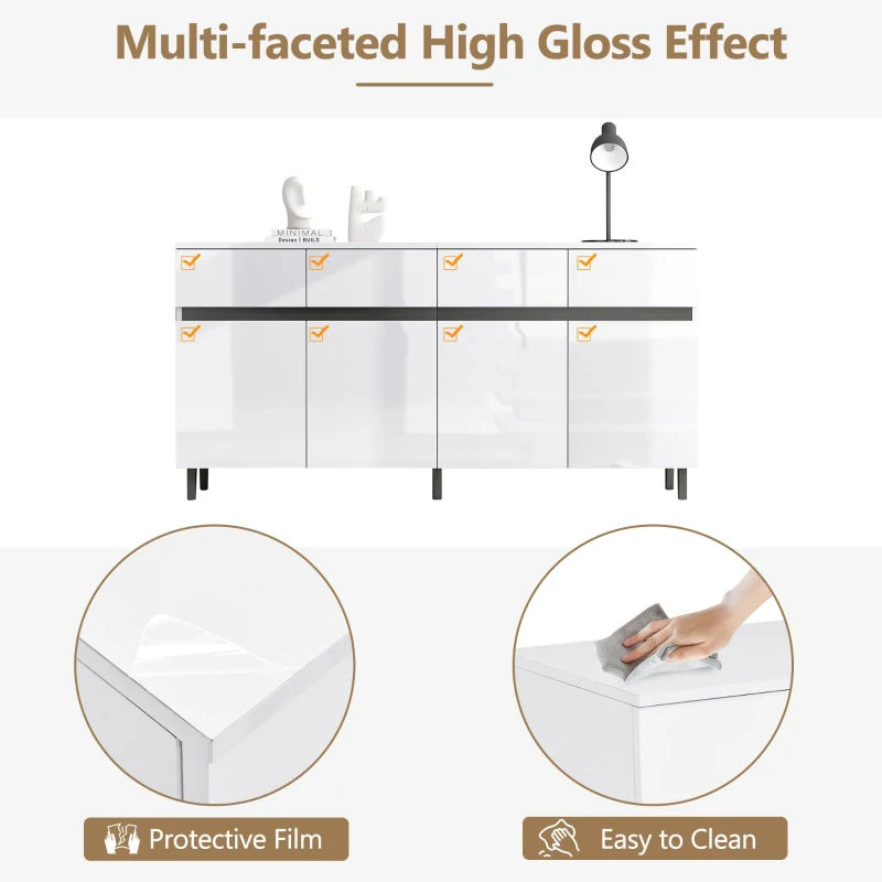 Storage Cabinet with High-goss 4-Door, 4-Drawer and Soft-close Hinges, Sideboard with Adjustable Shelves, 160L x 40W x 68H cm, White