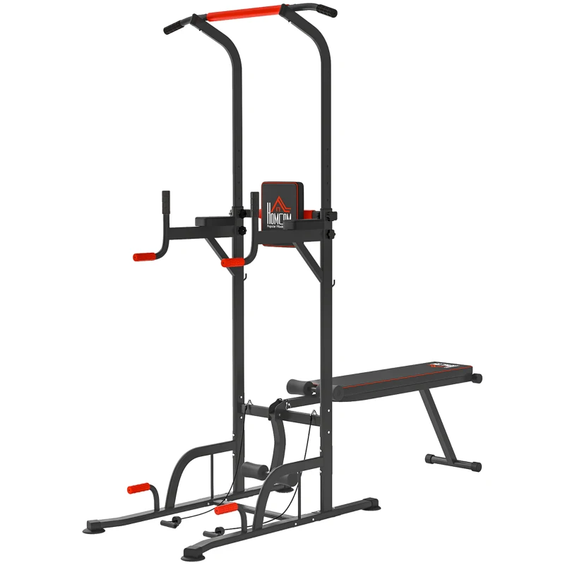 HOMCOM Torre Entrenamiento Energía Power Tower Estación Pull Up Multifuncional Ajustable en Altura con Banco Plegable Barra de Dominadas para Fitness 220x98x181-229 cm Negro