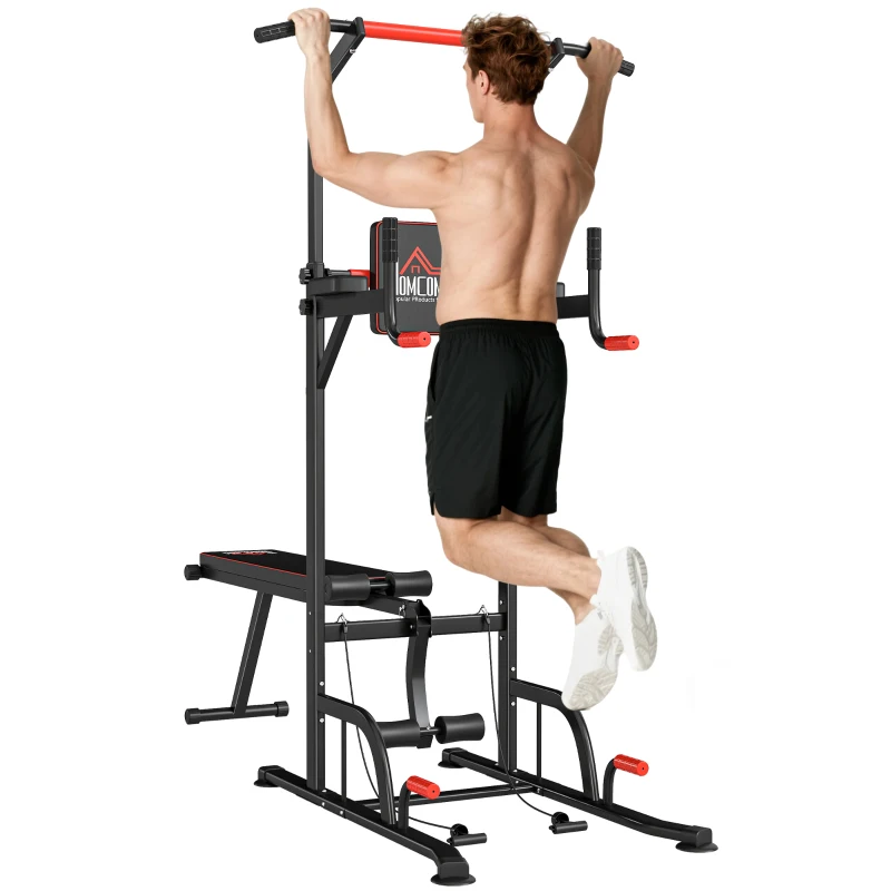 HOMCOM Torre Entrenamiento Energía Power Tower Estación Pull Up Multifuncional Ajustable en Altura con Banco Plegable Barra de Dominadas para Fitness 220x98x181-229 cm Negro
