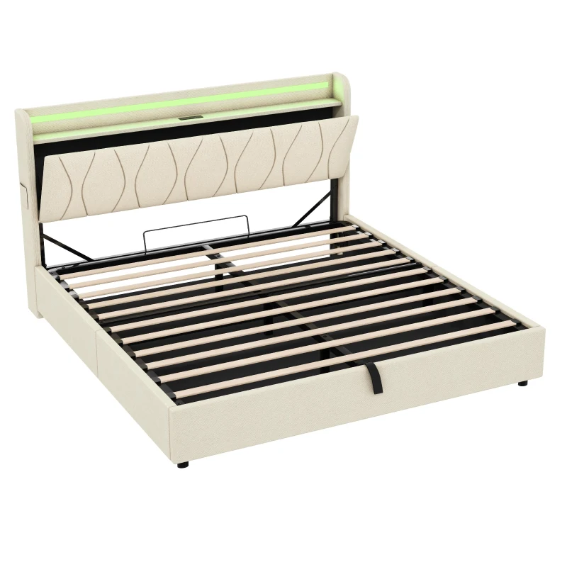 5ft King Upholstered Bed Frame with Hydraulic Storage and Charging Station, RGB LED Bed Base for Living Room, 220L x 155W x 105H cm, Beige