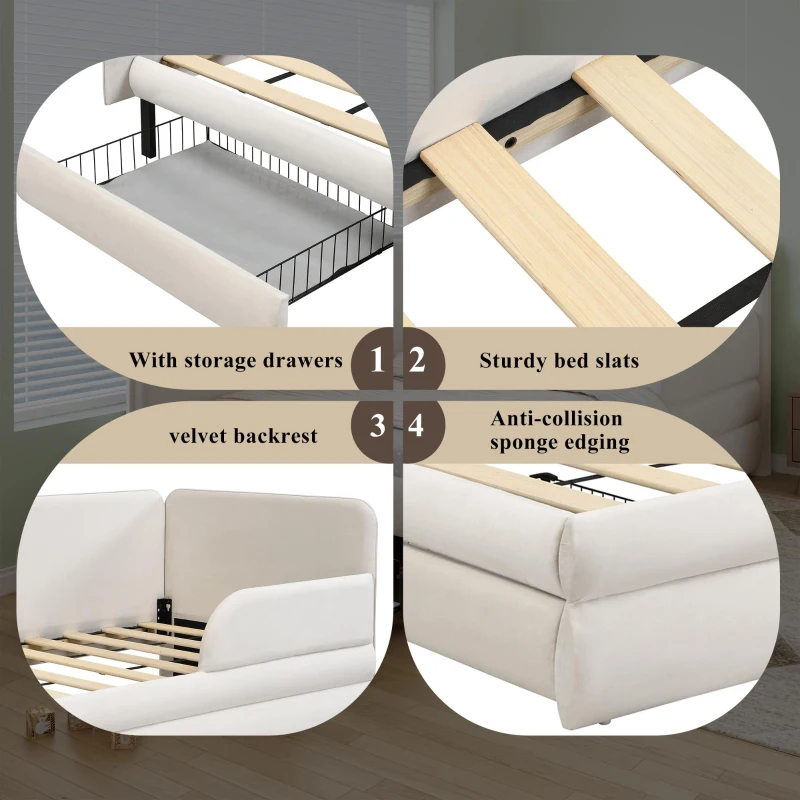 Upholstered 3ft Single Bed with Storage Drawer and Fitted Side Rails, Velvet Upholstery Daybed for Compact Room, 205.5L x 80W x 98H cm, Beige