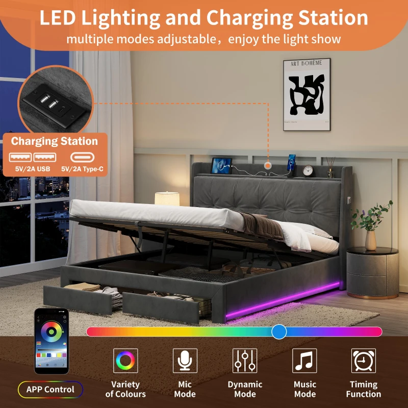 5ft King Ottoman Bed Frame with Two Drawers and Side Pockets, Velvet Upholstered Headboard for Living Room, 213L x 155W x 111H cm, Grey