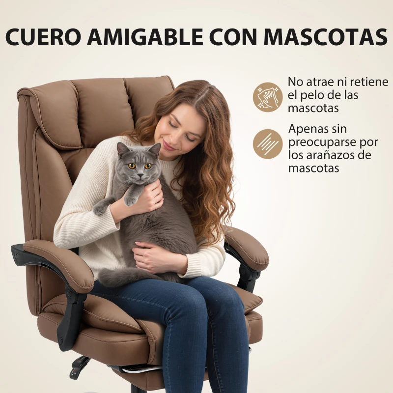 HOMCOM Silla de Escritorio con Reposapiés Respaldo Reclinable Acolchado Grueso Tapizada en Cuero Sintético Marrón