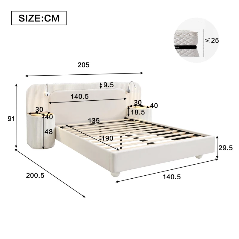Upholstered 4ft6 Double Bed with Built‑in Bedside Reading Light, Matching Bedside Table, Sleeper for Living Room, 205L x 91W x 200.5H cm, Beige