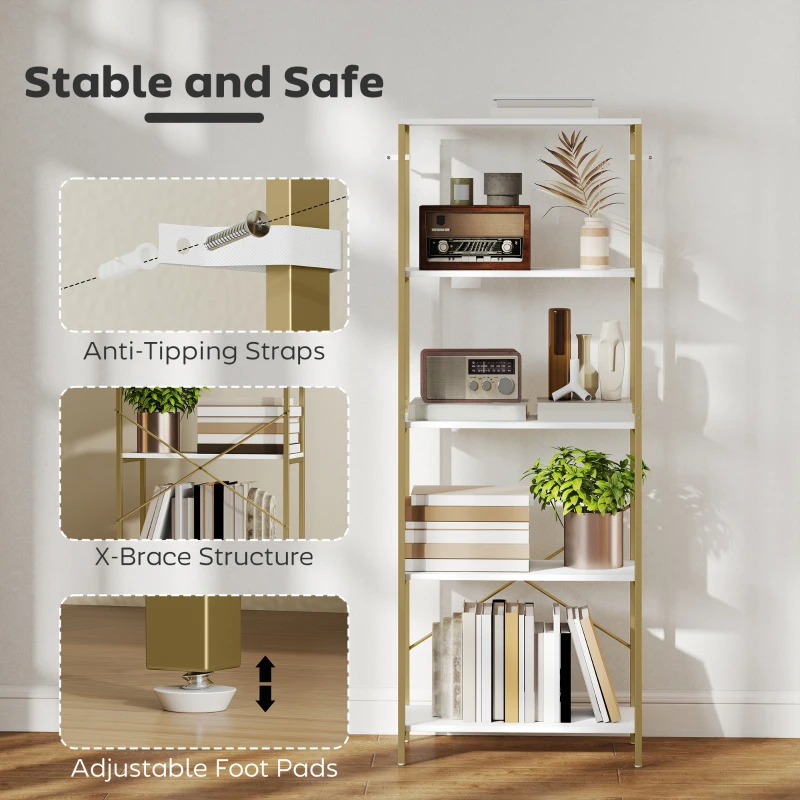 HOMCOM 5-Tier Bookshelf, Modern Bookcase with Metal Frame - White and Gold Tone