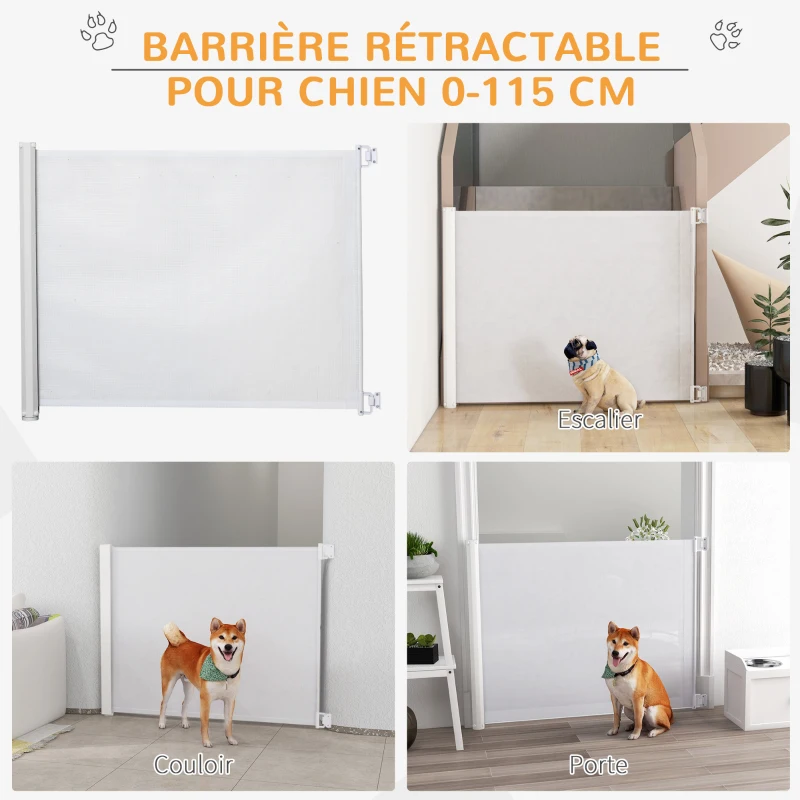PawHut Barrière de sécurité chien barrière rétractable automatique barrière escaliers couloirs portes 115 x 82,5 m teslin acier blanc