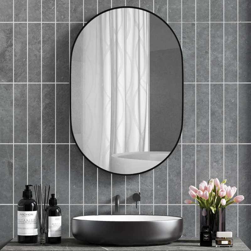 HOMCOM Miroir ovale mural cadre en aluminium style minimaliste montage vertical ou horizontal avec 3 crochets 60 x 90 cm noir