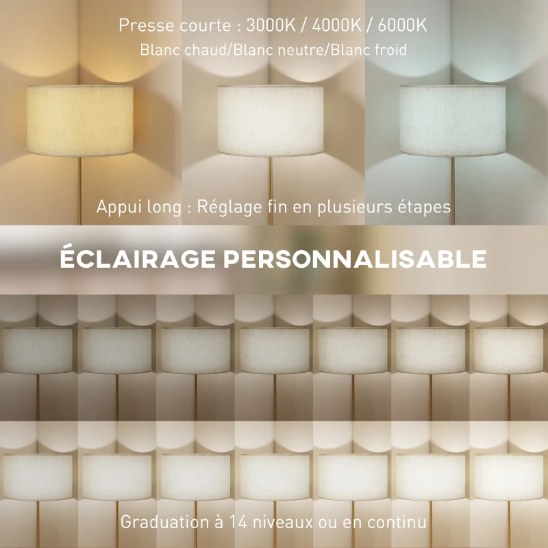 HOMCOM Lampadaire sur pied salon, lampe sur pied dimmable avec télécommande, abat-jour en lin, hauteur réglable 133-168cm, doré