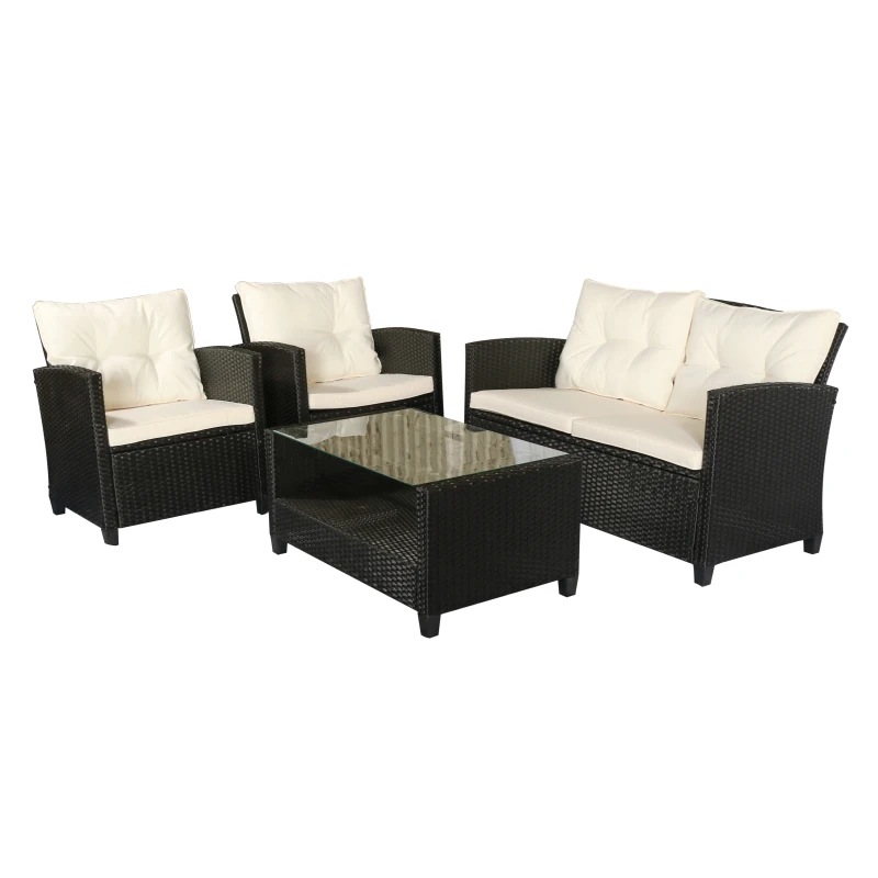 Outsunny Set Mobili da Giardino 4 Pezzi in Rattan PE e Tavolino, Divano e Poltrone Imbottiti Nero e Beige 124x68x76cm