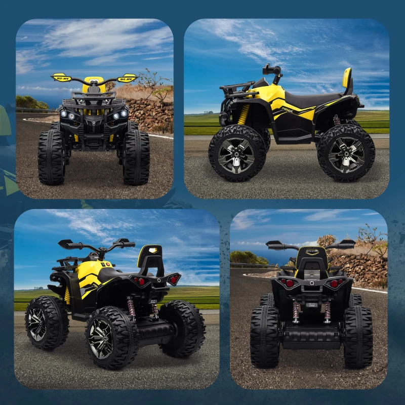 HOMCOM Quad Buggy électrique Enfant 12 V 8 Km/h Max. Voiture électrique Enfant avec Effets Lumineux sonores Selle avec Dossier Porte-Bagage Avant métal PP Jaune Noir(m-9)