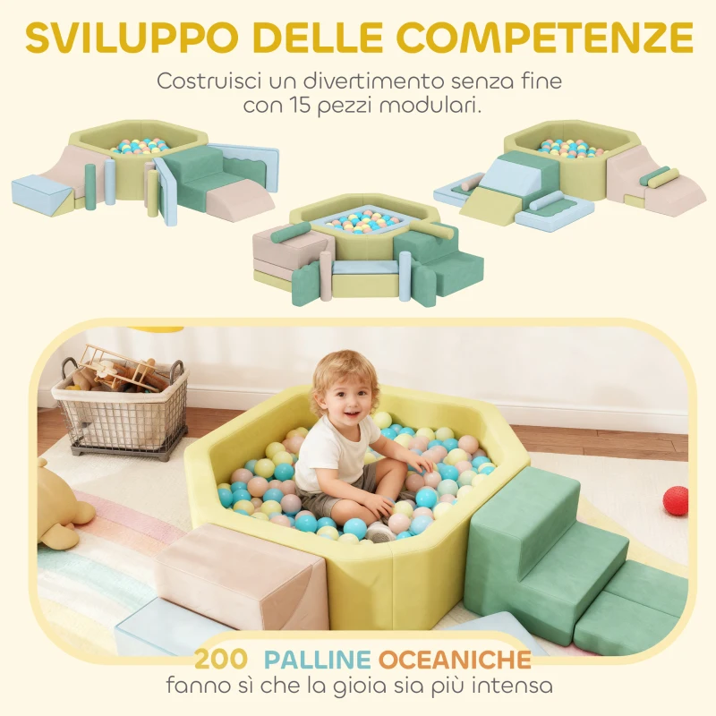 AIYAPLAY Set 15 Blocchi di Costruzioni Morbide Modulabili per Bambini con 200 Palline per Uso Interno, Multicolore