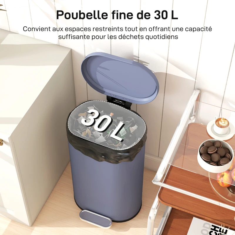 HOMCOM Poubelle cuisine 30L, poubelle à pédale, seau intérieur amovible, couvercle à fermeture douce, 36,5x31x61cm, gris